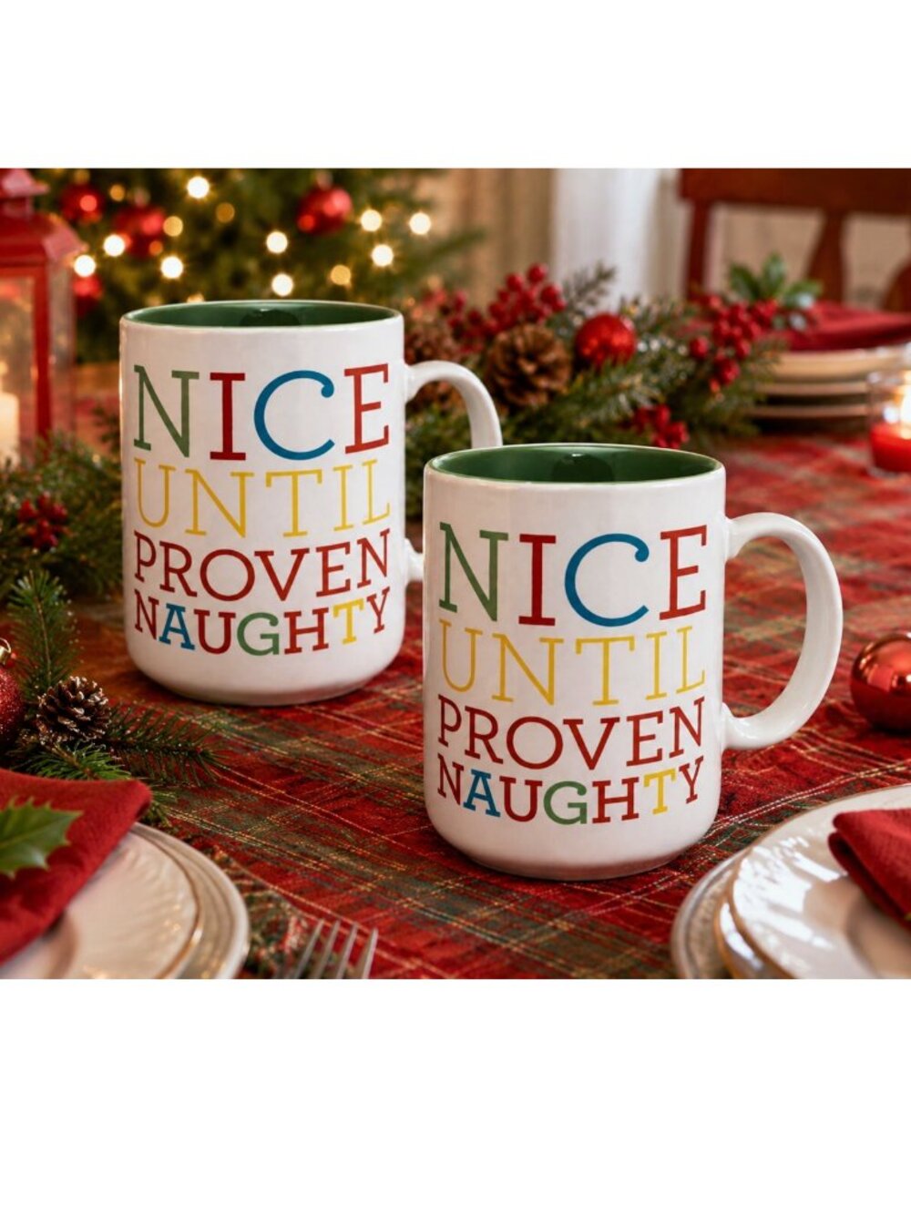 Set of 2 "Nice Until Proven Naughty" 12oz Stoneware Christmas Holiday Mugs